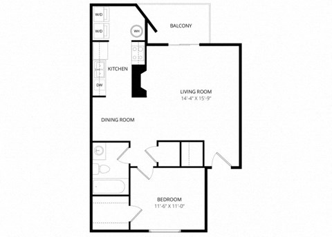 Floor plan for 1 bed, 1 bath, 694 sqft